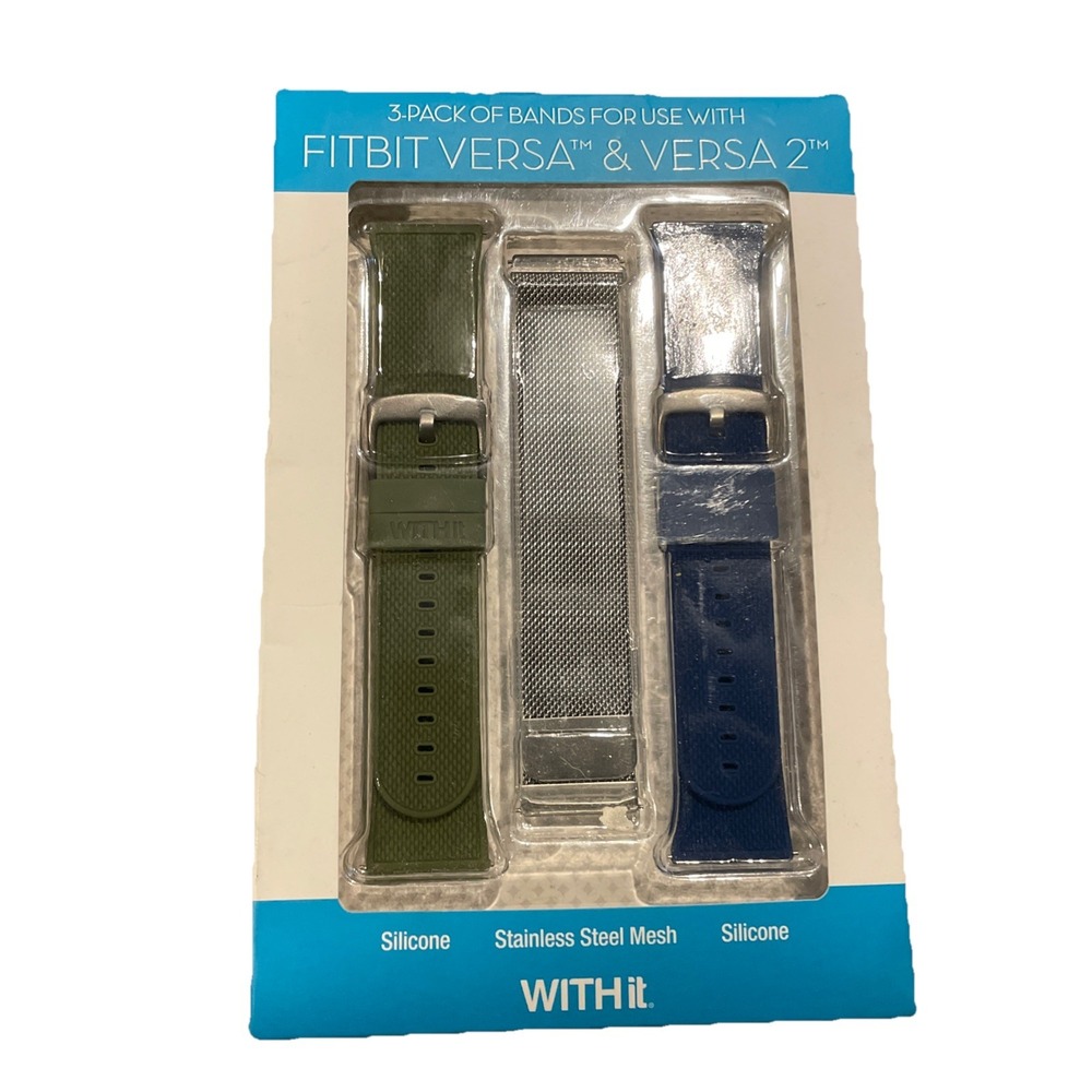 WITHit 51562BBR Band‎ Kit for Fitbit Versa 3-pack pieces - Silver/Olive/Navy